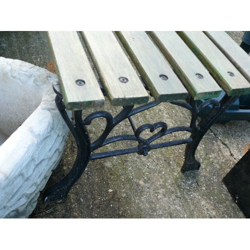 307 - GARDEN BENCH WITH WROUGHT IRON ENDS.