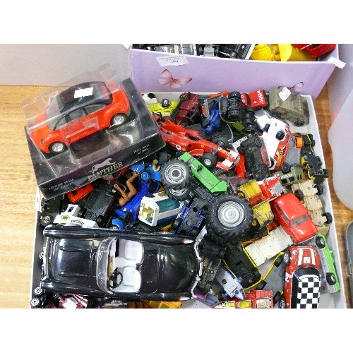 359 - THREE TRAYS OF PLAYWORN VEHICLES, SOME BOXED.