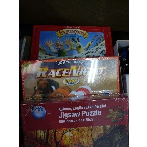 360 - SELECTION OF NEW AND SEALED, GAMES AND PUZZLES INCLUDING - RACE NIGHT, BRAIN TANGLES, WALLACE AND GR... 