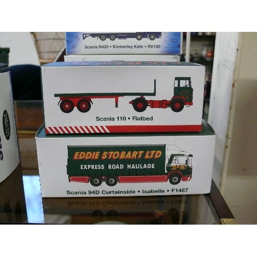 341 - NINE EDDIE STOBART VEHICLES ALL BOXED INCLUDING - KONECRANE REACH STACKER,  FORD CARGO CURTAINSIDE L... 