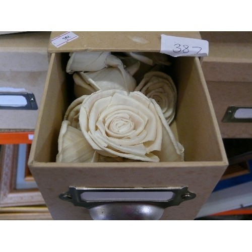 387 - LARGE QUANTITY OF BUFF COLOURED STORAGE BOXES, SOME WITH CONTENTS OF CRAFT ITEMS CONTAINING CARD MAK... 