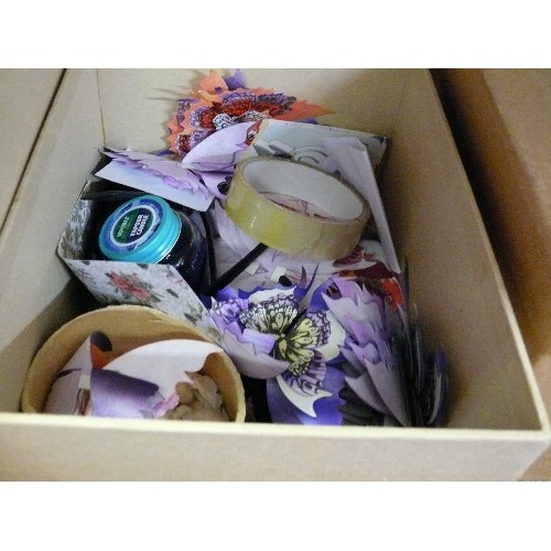 387 - LARGE QUANTITY OF BUFF COLOURED STORAGE BOXES, SOME WITH CONTENTS OF CRAFT ITEMS CONTAINING CARD MAK... 