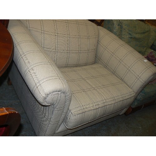 421 - OVERSIZED ARMCHAIR WITH BEIGE CHECKED UPHOLSTERY.