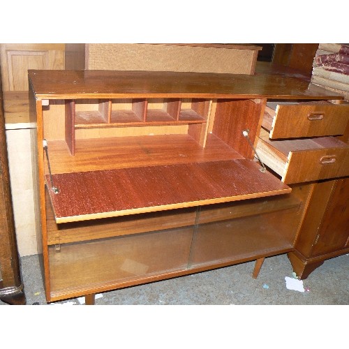 427 - MID-CENTURY TEAK SIDEBOARD/BUREAU WITH TWO GLASS SLIDING DOORS.