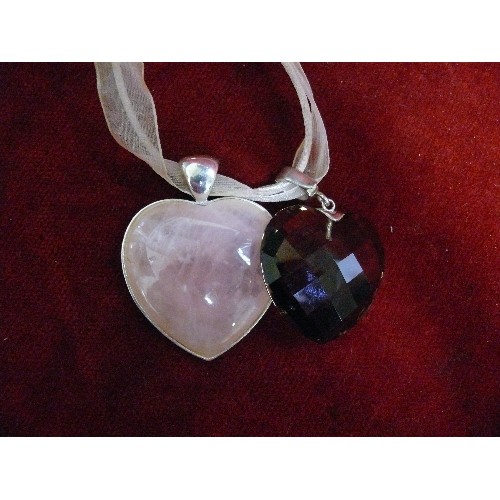 23 - LARGE SOLID SILVER PENDANT WITH LARGE HEART SHAPE PINK CRYSTAL QUARTZ ON BAND PLUS A SMOKY QUARTZ HE... 