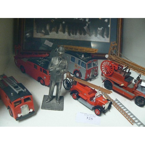 325 - COLLECTION OF VARIOUS DIE-CAST FIRE ENGINES INCLUDING CORGI AND DAYS GONE PLUS A METAL FIGURE OF A P... 