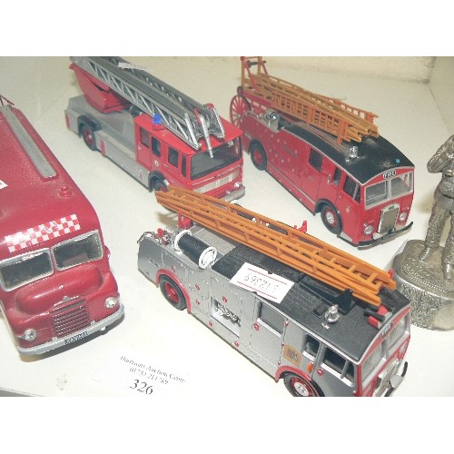 326 - COLLECTION OF DIE-CAST FIRE ENGINES MAINLY CORGI PLUS A METAL FIGURE OF A FIREMAN.