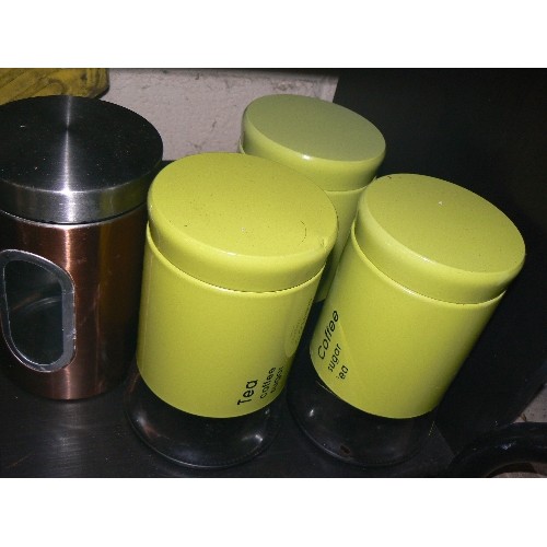 337 - TWO SHELVES OF MIXED METAL AND CERAMIC KITCHEN CANNISTERS.