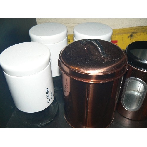 337 - TWO SHELVES OF MIXED METAL AND CERAMIC KITCHEN CANNISTERS.