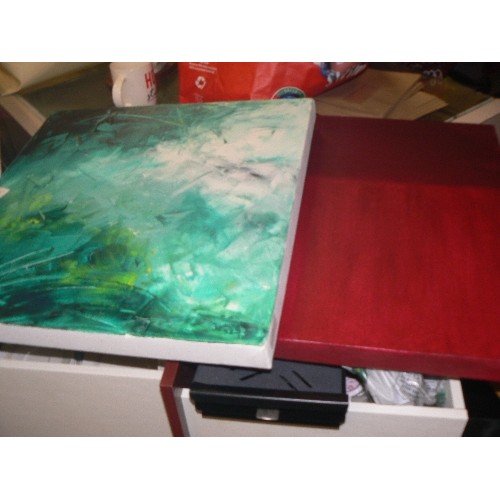 418 - QUANTITY OF MODERN ART CANVAS - EMERALD GREEN, ORANGE, RED, BLUES.