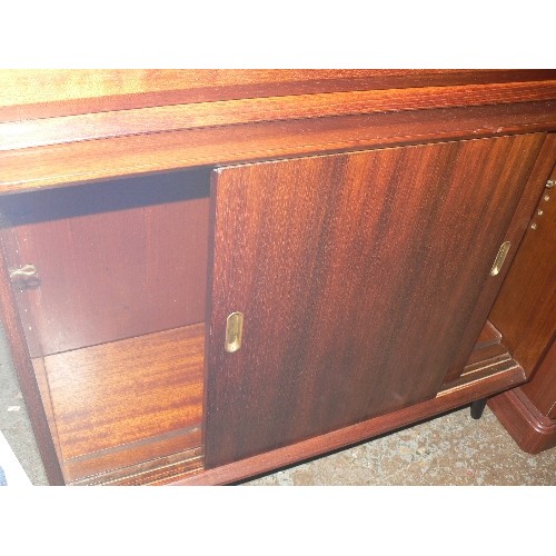 442 - RETRO BOOKCASE WITH SLIDING DOOR AND TOP STATIONERY BUREAU.