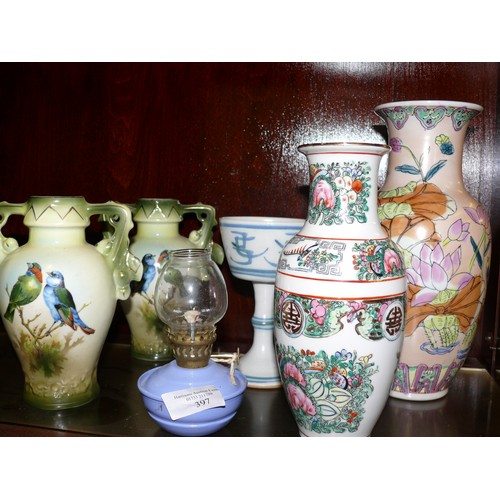 397 - MIXED LOT INCLUDING TWO CHINESE VASES, PAIR VICTORIAN VASES WITH BIRD DECORATION, MINIATURE PARAFFIN... 