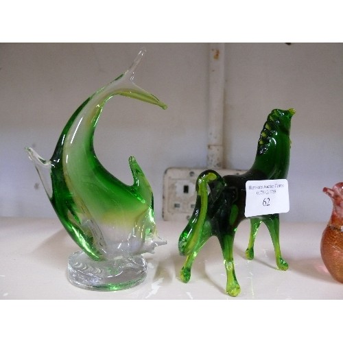 62 - GREEN GLASS FIGURES OF TWO GREEN BIRDS, A FISH, A HORSE AND A PINK GLASS BIRD.