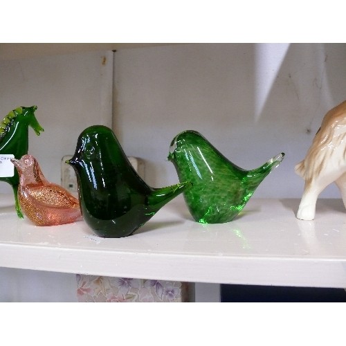 62 - GREEN GLASS FIGURES OF TWO GREEN BIRDS, A FISH, A HORSE AND A PINK GLASS BIRD.