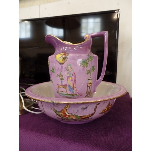 142 - BEAUTIFUL ART DECO VINTAGE NAPIER JUG & BOWL SET IN PURPLE LUSTRE. VENETIAN SCENE. 'VENETIAN REG NO ... 