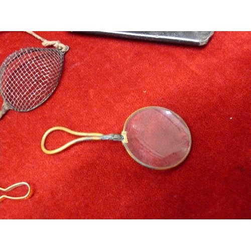 76 - Rare early fencing or German dueling goggles in wire mesh together with vintage Pince Nez spectacles... 