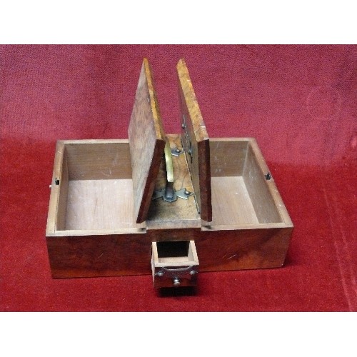 14 - A good quality mid 20th Century burr walnut cigar and cigarette box with brass handle and match draw... 