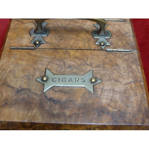 14 - A good quality mid 20th Century burr walnut cigar and cigarette box with brass handle and match draw... 