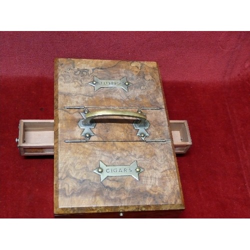 14 - A good quality mid 20th Century burr walnut cigar and cigarette box with brass handle and match draw... 