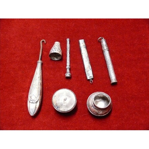 44 - Antique silver items including a button hook, telescopic pencils, pencil in case with Chester hallma... 