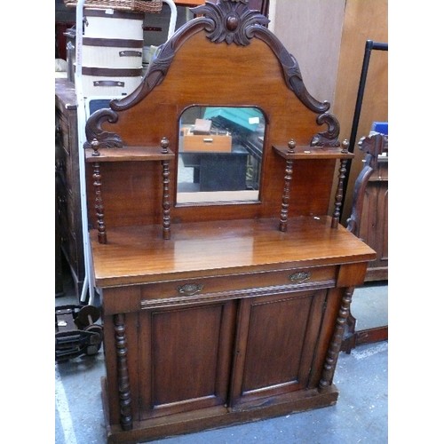 397 - Victorian Mahogany Chiffonier with mirrored back, panelled doors, turned spindled supporting shelves