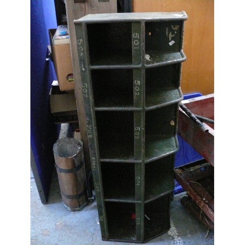 470 - A Vintage Industrial Green Metal workshop / Engineering Pigeon hole shelf unit - 107 cm