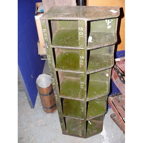 470 - A Vintage Industrial Green Metal workshop / Engineering Pigeon hole shelf unit - 107 cm