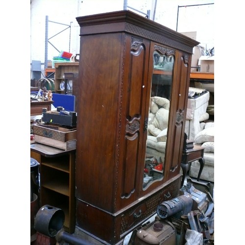 436 - Large late Victorian mahogany wardrobe 144cm x52cm x 207cm with carved detail and mirrored door, tog... 