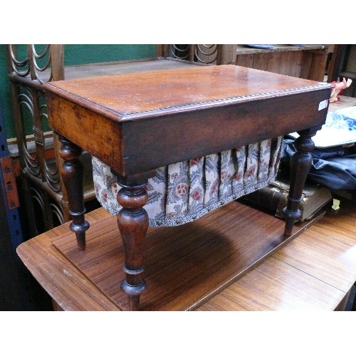 404 - A Victorian mahogany sewing box on turned legs with pleated fabric storage section