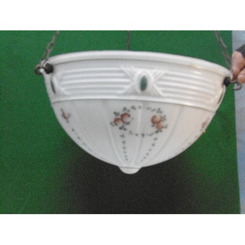 234 - A 1920's French milk glass plafonnier ceiling light with hand painted decoration of roses and leaves... 