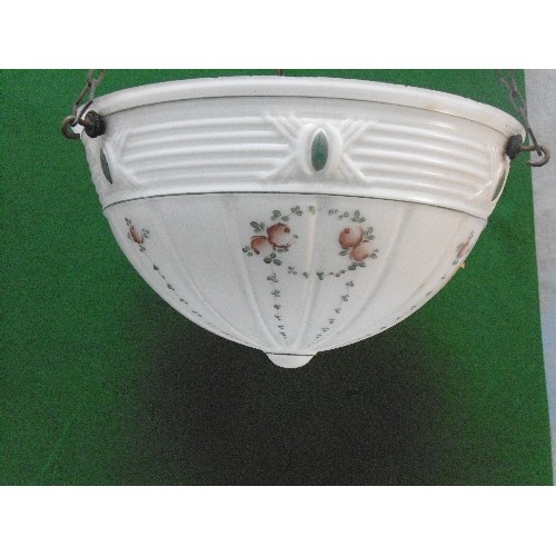 234 - A 1920's French milk glass plafonnier ceiling light with hand painted decoration of roses and leaves... 