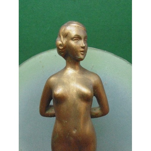 228 - An Art Deco nude lady figure in gilt finish with green glass disc behind - originally a lamp. Repair... 