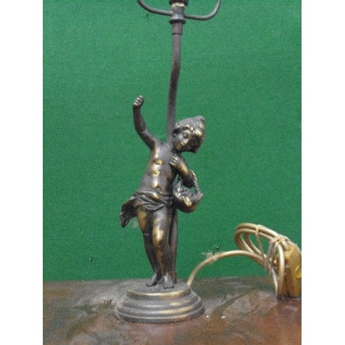 229 - An antique style table lamp - the base supported by a bronze metal figure of a child with basket of ... 