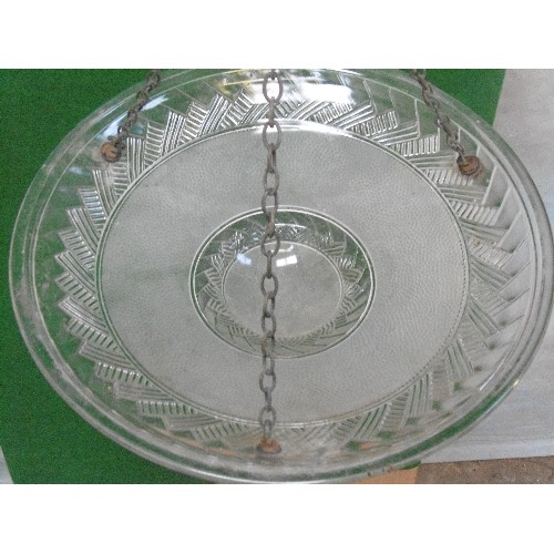 233 - A large French pressed glass Art Deco plaffonier ceiling light with chains and ceiling hook - 40cm d... 