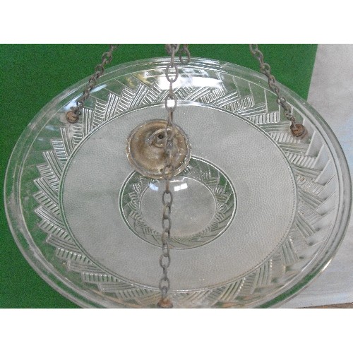 233 - A large French pressed glass Art Deco plaffonier ceiling light with chains and ceiling hook - 40cm d... 