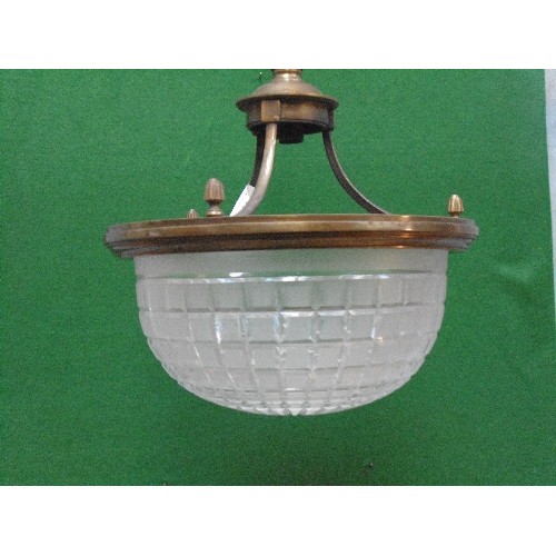 230 - A 1920's or 30's  heavy cut and frosted glass plaffonier ceiling light with bronze effect frame, wit... 