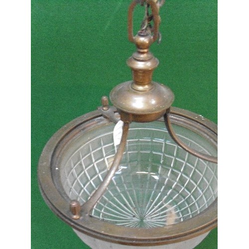 230 - A 1920's or 30's  heavy cut and frosted glass plaffonier ceiling light with bronze effect frame, wit... 