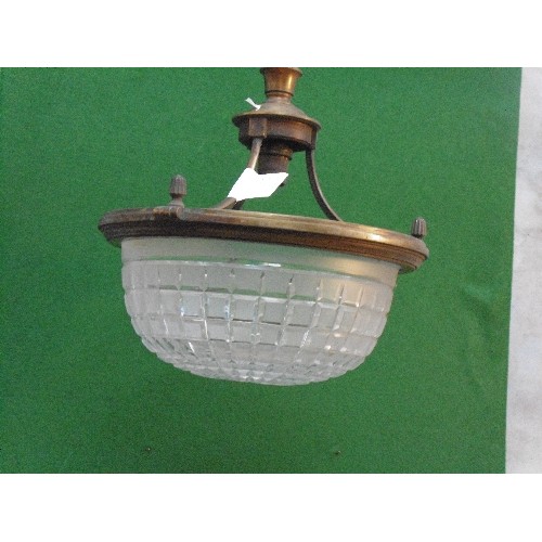 231 - A 1920's or 30's  heavy cut and frosted glass plaffonier ceiling light with bronze effect frame and ... 