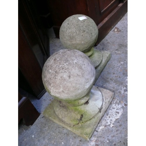 93 - Pair of nicely weathered simulated stone ball finials for pillars, gate entrance etc. 32cm