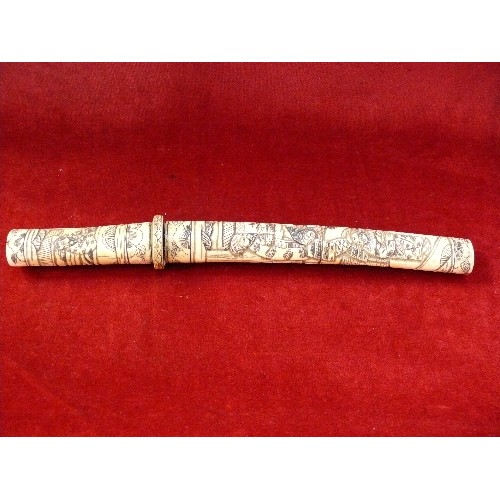 207L - A late 19th Century Japanese Tanto dagger with grip and sheath in carved bone with figures in tradit... 