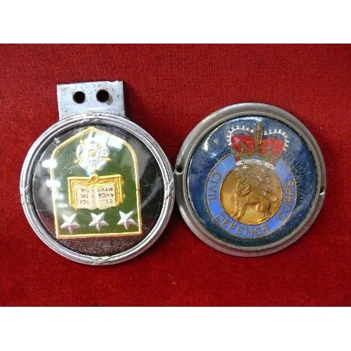 212B - Two vintage car badges, one with Civil Defence Corps crest, the other with the crest of Leeds Univer... 