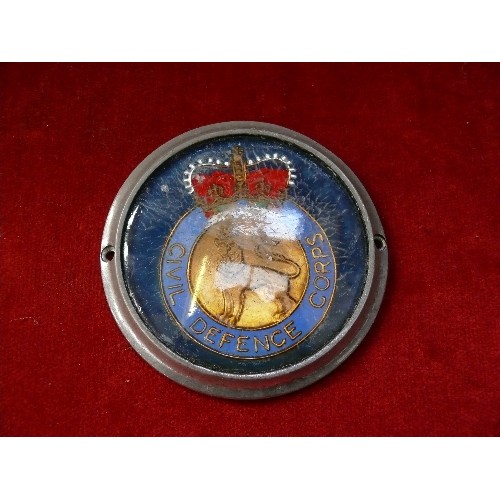 212B - Two vintage car badges, one with Civil Defence Corps crest, the other with the crest of Leeds Univer... 