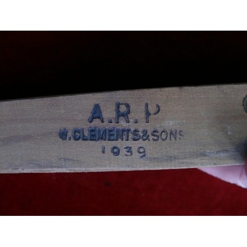 255E - WW2 ARP wooden gas warning rattle stamped by maker W Clement & sons 1939