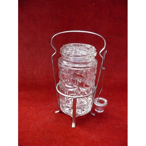 106 - Edwardian pickle jar on plated stand with pickle fork together with 2 preserve jars with lids