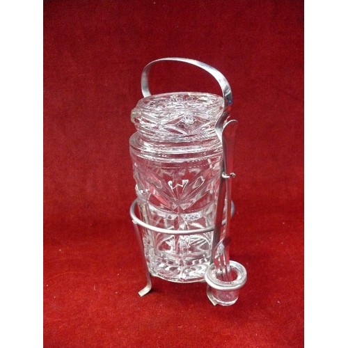 106 - Edwardian pickle jar on plated stand with pickle fork together with 2 preserve jars with lids