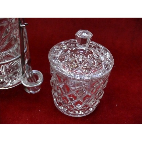 106 - Edwardian pickle jar on plated stand with pickle fork together with 2 preserve jars with lids