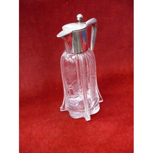 42 - A lovely quality claret jug with 800 silver top and handle. The engraved glass by Stevens & Williams... 