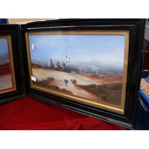 161 - Pair of 1920's or 30's original oil paintings on board of desert scenes with camels and minarets, by... 