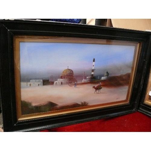 161 - Pair of 1920's or 30's original oil paintings on board of desert scenes with camels and minarets, by... 