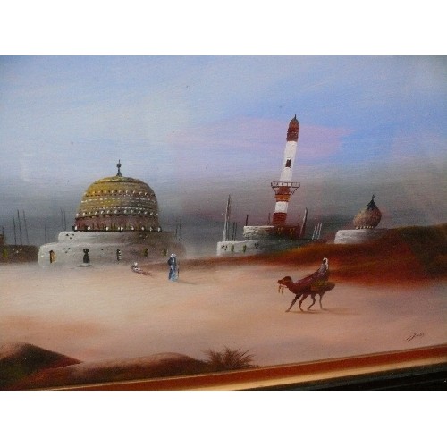 161 - Pair of 1920's or 30's original oil paintings on board of desert scenes with camels and minarets, by... 